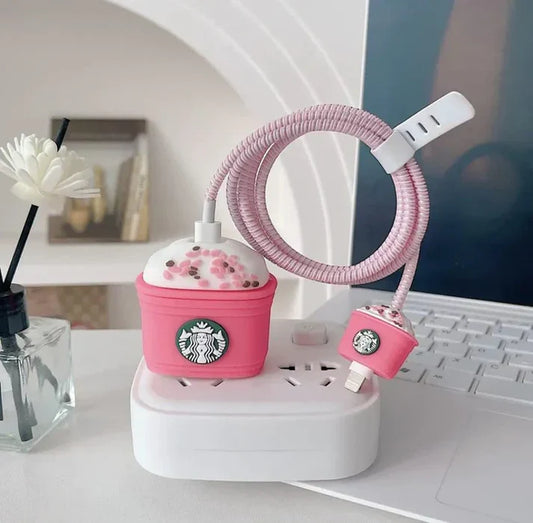 Iphone Charger Case Cover - Pink Starbuck - 4 Piece Set (With Wire Protector)