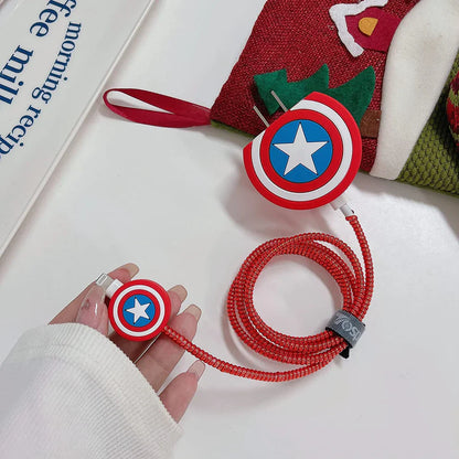 Iphone Charger Case Cover - Captain America Shield  - 4 Piece Set (With Wire Protector)
